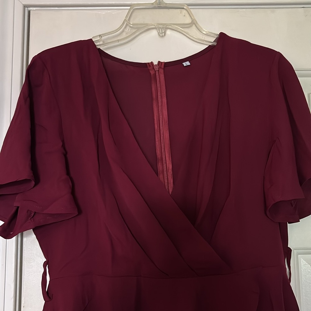 Red Asymmetrical Ruffled Wrap Dress - Picture 2 of 5